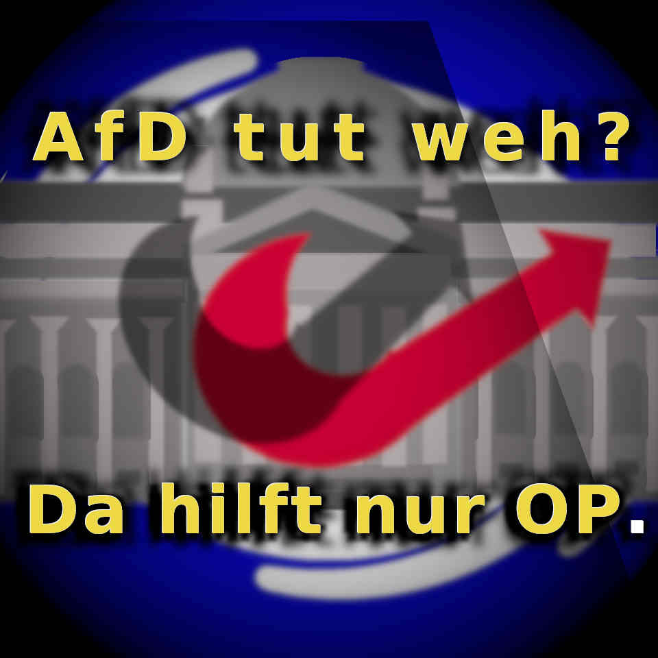Im Hintergrund der Bendestag, und im Fordergrund steht 'AfD tut weh? Da hilft nur OP'.