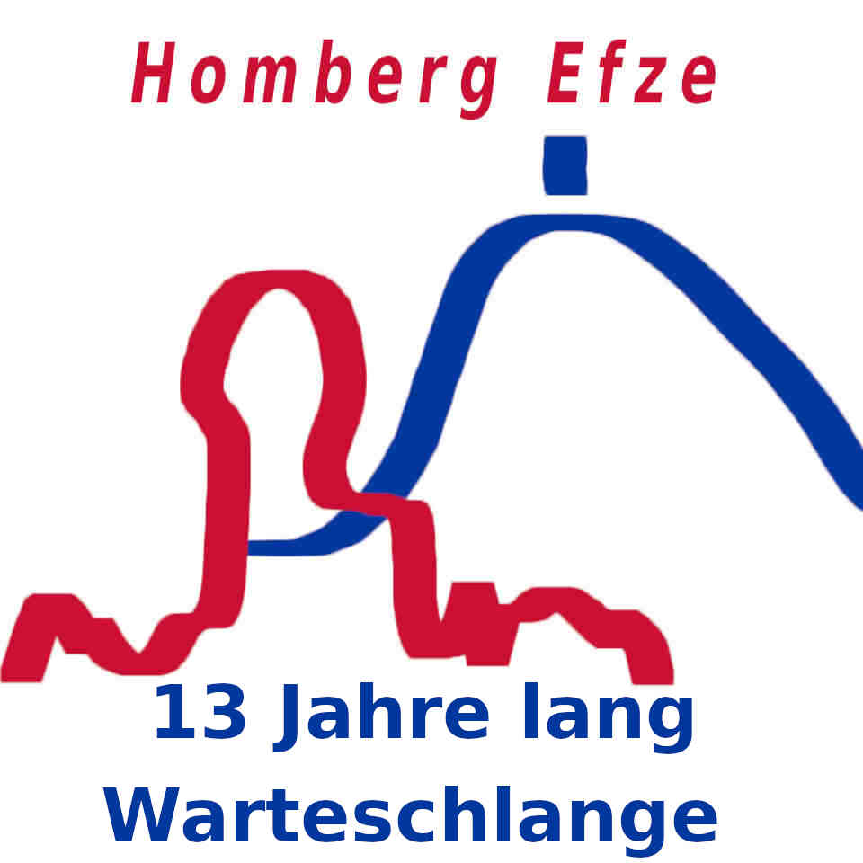 Ein komisches Stadtrelieph von Homberg Efze mit dem Text herum - Homberg Efze. 13 Jahre lang Warteschlange.